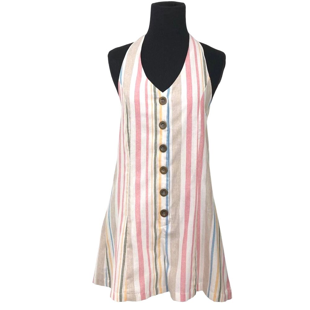 NWT PARADISE USA ROMPER L~M~S Chest 30”Rainbow Stripe V-Neck 6-Button Halter Bow